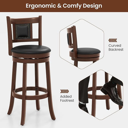 COSTWAY Bar Stools Set of 2, 30.5” Swivel Upholstered Bar Height Bar Stool with Curved Backrest & Cushioned Seat, Solid Rubber Wood Legs & Resting Footrest, for Kitchen Island (2, 30.5”)
