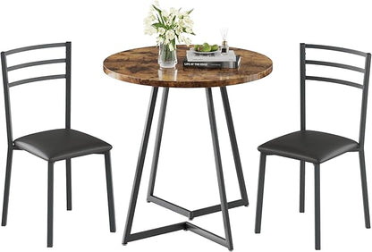 VECELO Small Round Kitchen Table with 2 Upholstered Chairs, 3-Piece Wood Dinette Sets with Steel Frame for Breakfast Nook, Dining Room, and Small Space, Brown