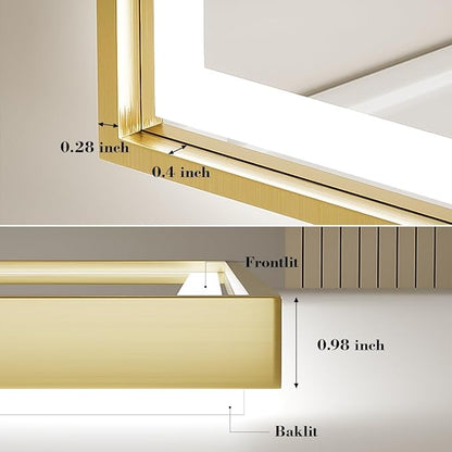 24X36 Inch Led Bathroom Mirror,Frontlit & Backlit Lighted Mirror,Gold Metal Frame Vanity Mirror for Wall,Double Lights Strips,Anti Fog Stepless 3 Colors Temperature & Dimmable