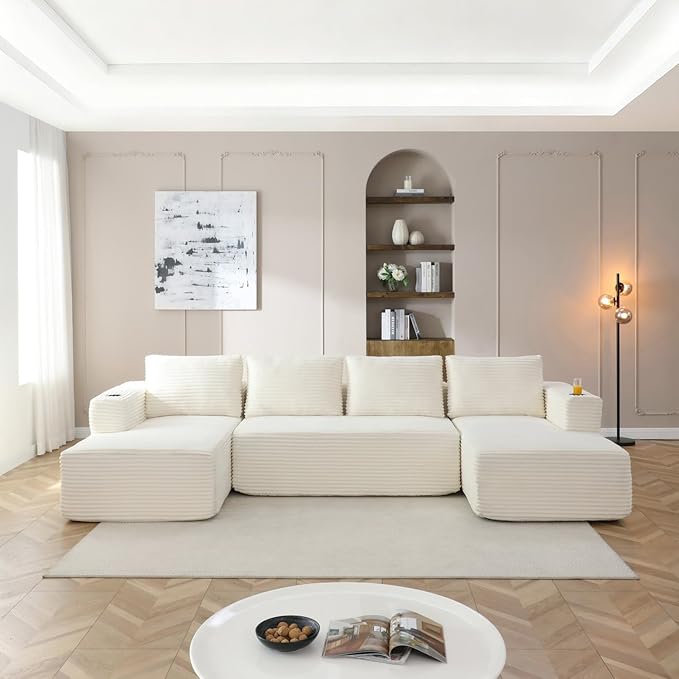 132 Inch Modular Sectional Sleeper Sofa, Boneless Cloud Couch for Living Room, U Shaped 5 Seat Sofa with 2 Cup Holders, Free Combination, No Assembly Required (Beige)