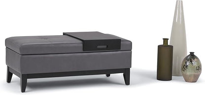 SIMPLIHOME Oregon 42 inch Wide Contemporary Rectangle Storage Ottoman Bench with Tray in Stone Grey Vegan Faux Leather, Assembled, For the Living Room, Entryway and Family Room