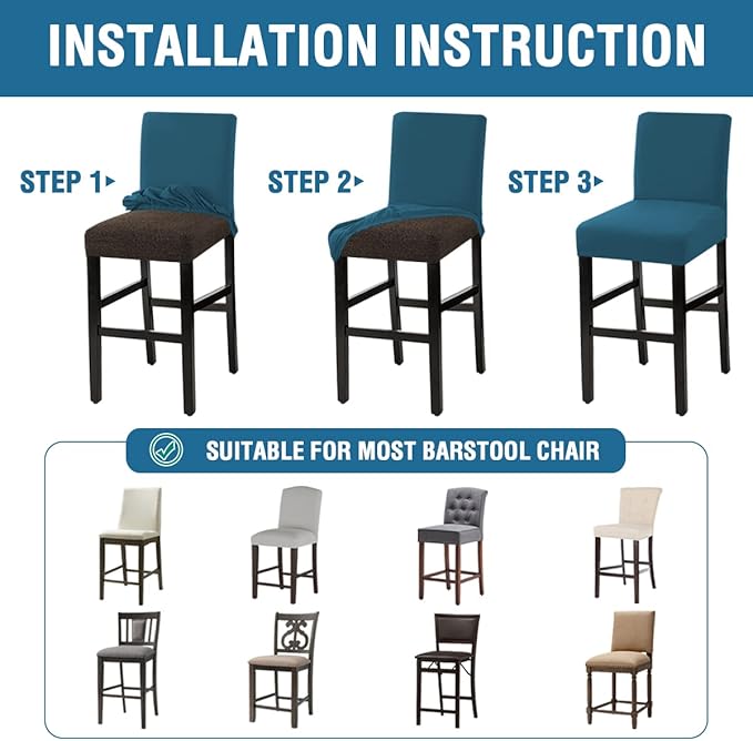 H.VERSAILTEX 100% Waterproof Bar Stool Cover Stretch Counter Stool Pub Chair Slipcover for Dining Room Removable Soft Thick Solid Fleece Fabric Bar Stool Slipcovers Set of 2, Peacock Blue