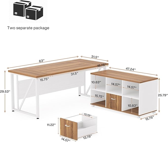 Tribesigns 63 inches Executive Desk and 47" lateral File Cabinet, L-Shaped Computer Desk Home Office Furniture Set with Drawers and Storage Shelves, Office Table with Cabinet (Walnut+White, 63)