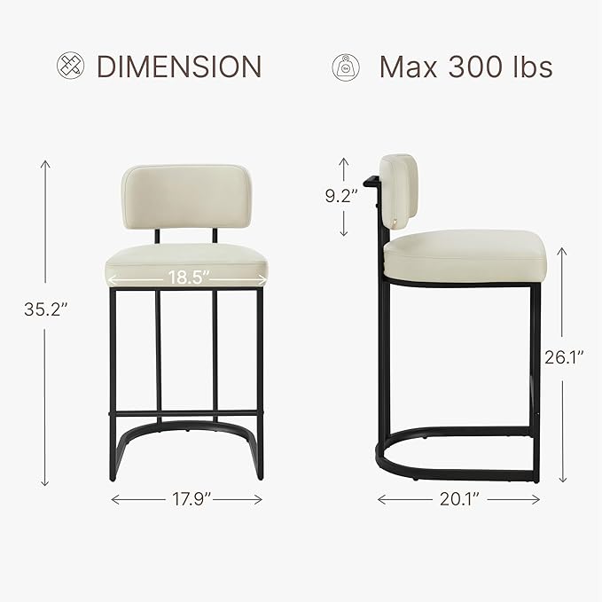 26" H Counter Height Bar Stools Set of 2, Modern Faux Leather Upholstered Barstools with Backrest for Kitchen Island, Black Metal Frames, Cream