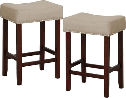 COSTWAY Counter Height Bar Stools Set of 2, 25-inch Backless Saddle Stools with Nailhead Trim, Rubber Wood Frame, Footrest, Max Load 330 Lbs, Upholstered Barstools for Kitchen Island Pub, Beige