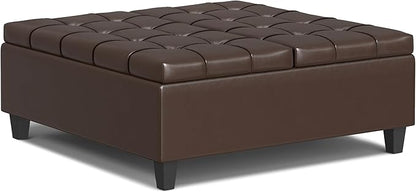 SIMPLIHOME Harrison 40 inch Wide Transitional Square Large Coffee Table Storage Ottoman in Chocolate Brown Vegan Faux Leather, Assembled, for The Living Room and Bedroom