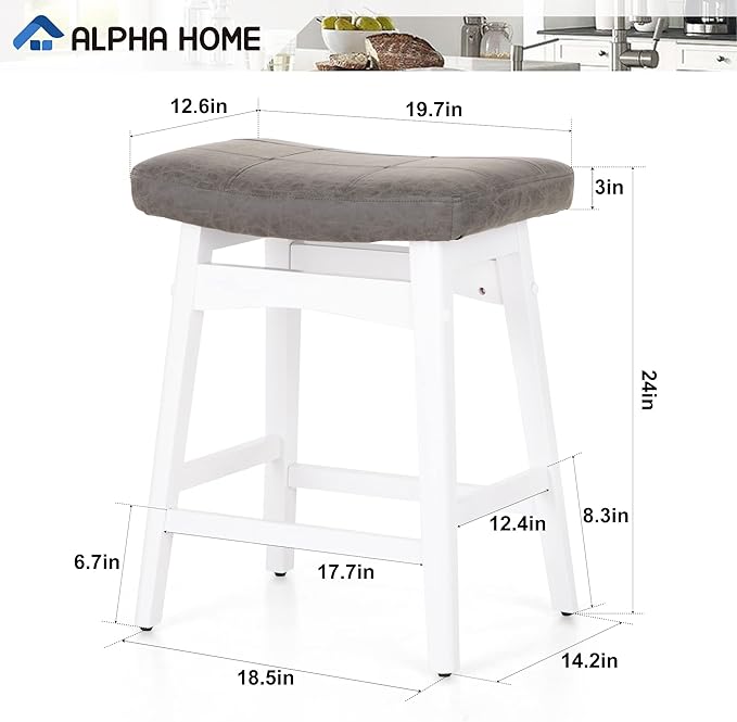 ALPHA HOME Bar Stools Set of 4, Solid Wood Saddle Kitchen Stools with Grey PU Leather Cushion Counter Height Barstools with Wooden Base for Kitchen Dining Cafe, 24 Inch, Grey, 4PCS