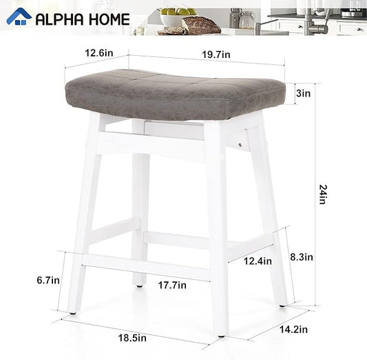 ALPHA HOME Bar Stools Set of 4, Solid Wood Saddle Kitchen Stools with Grey PU Leather Cushion Counter Height Barstools with Wooden Base for Kitchen Dining Cafe, 24 Inch, Grey, 4PCS