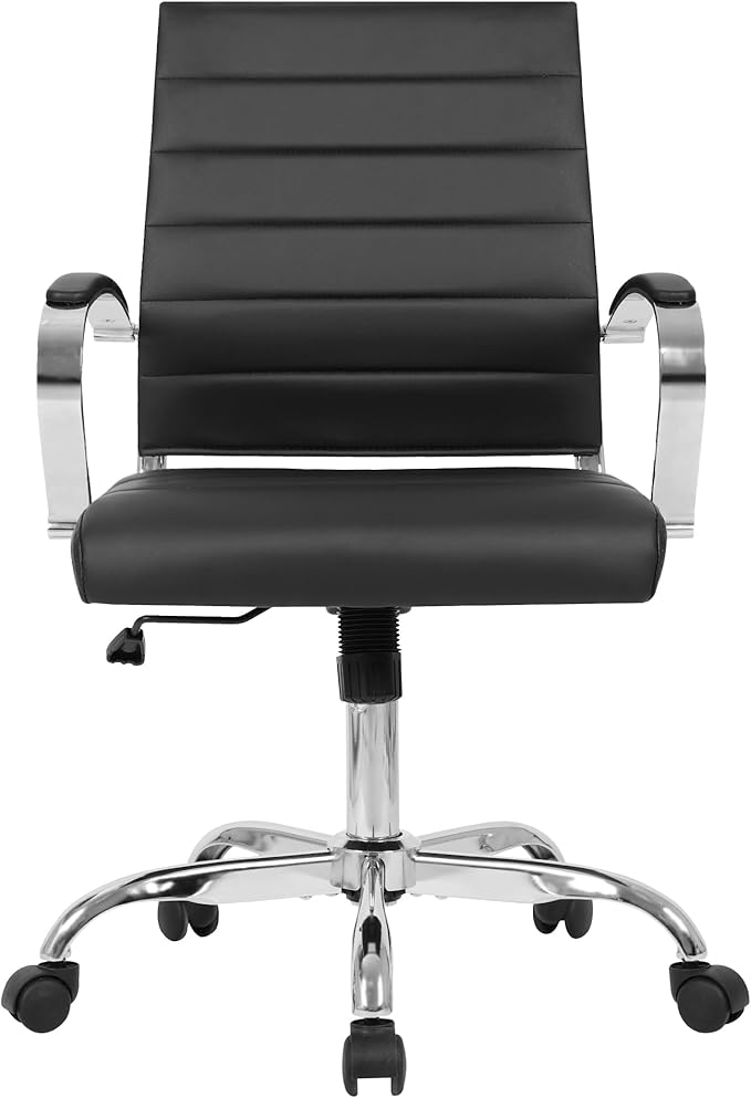 LANDSUN Home Office Chair Mid Back Desk Chair PU Leather Ribbed Executive Swivel Computer Chair with Wheels and Armrests Soft Padded Adjustable Height Conference Task Black