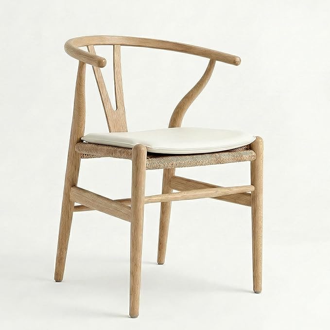 Tomile Wishbone Dining Chair with Arms, Modern Wood Chair Featuring a White PU Cushion on Woven Hemp Seat, Sturdy Wood and Y-Shaped Backrest, Fully Assembled for Kitchen & Dining (Ash Wood - Natural)