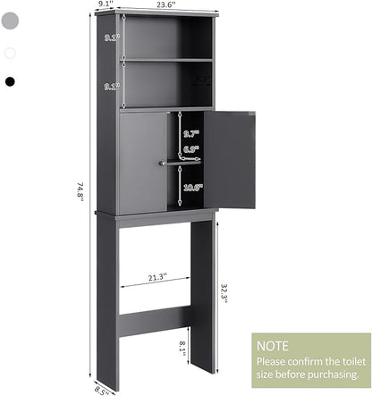 Meilocar Over The Toilet Storage Cabinet for Bathroom, 75in Over Toilet Cabinet Freestanding Storage Organizer, Space Saver with Doors and Adjustable Shelf, Grey
