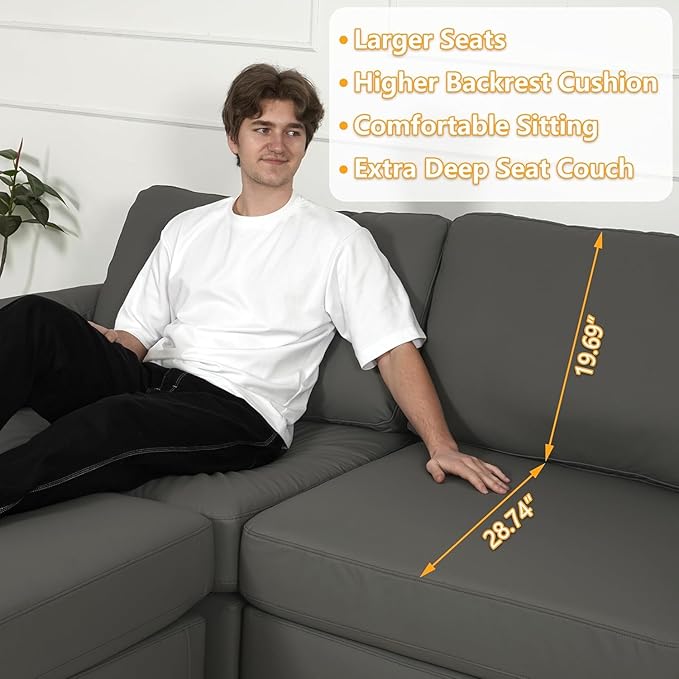 EASE MOOSE Leather Sectional Couch, Oversized Modular Sectional Sofas, Wide Deep Seat Modular Couch, Scratch Resistant Faux Leather Material, L Shaped Sofa for Big Spaces Living Room, Grey