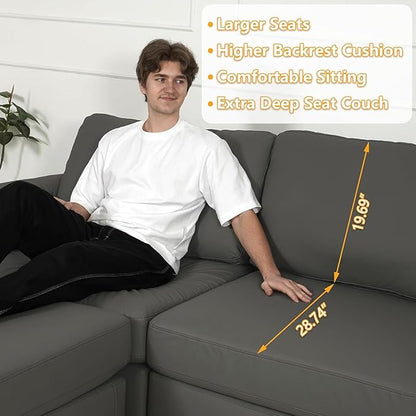 EASE MOOSE Leather Sectional Couch, Oversized Modular Sectional Sofas, Wide Deep Seat Modular Couch, Scratch Resistant Faux Leather Material, L Shaped Sofa for Big Spaces Living Room, Grey