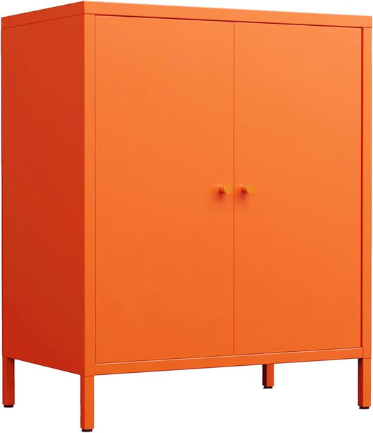 Living Room Cabinets,Orange Lockable Storage Cabinets with Doors and Shelves,2 Door Cabinet with high feet,Modern Metal Locker,Low Side Cupboard for Home,Office,Kitchen,Bathroom,Dining Room