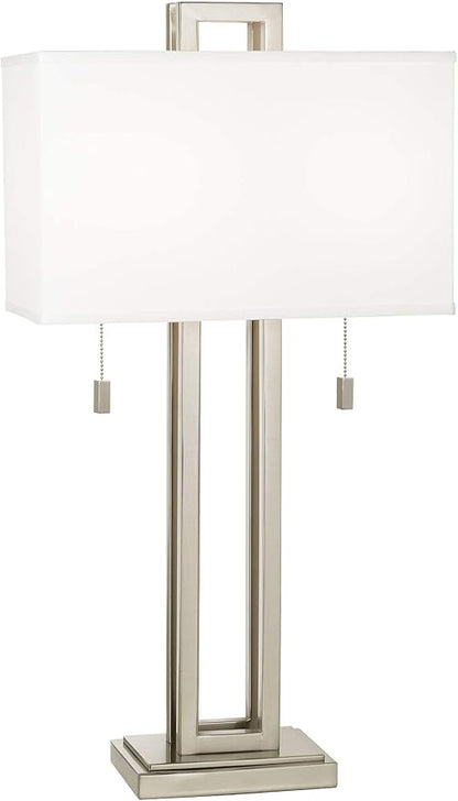 Possini Euro Design Gossard Modern Table Lamp 30" Tall Brushed Nickel Silver Open Metal White Fabric Rectangular Box Shade for Bedroom Living Room House Home Bedside Nightstand Office Family