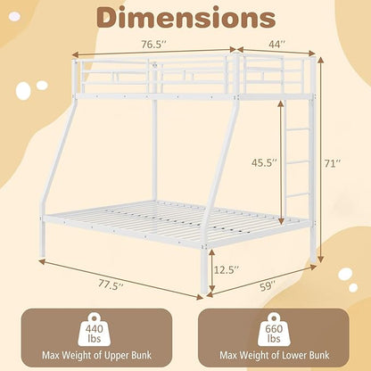 Giantex Metal Bunk Beds Twin Over Full Size, Heavy Duty Loft Bunk Bed with Ladder & Guardrail, Space Saving Bunk Bed for Dorm Apartment, Teens & Adults, Noise-Free, No Box Spring Needed, White