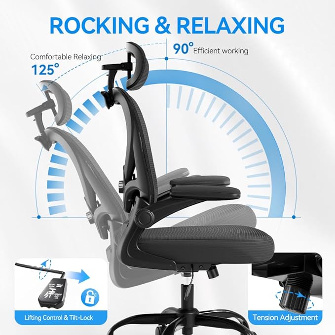 Ergonomic Office Chair with Headrest 3D, Mesh Office Desk Chair with Adjustable Lumbar Support, Computer Chair with Flip up Armrests, 350LBS Capacity - Design for Home/Offices - Black
