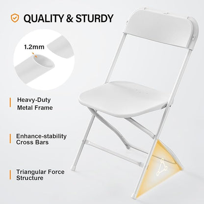 VINGLI 1 Pack White Plastic Folding Chair, Indoor Outdoor Portable Stackable Commercial Seat with Steel Frame 350lb. Capacity for Events Office Wedding Party Picnic Kitchen Dining