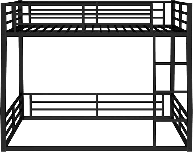 Full XL Over Queen Bunk Bed Frame with Noise Reduced Design, Heavy Buty Floor Bunk Bed Full XL Over Queen Bunk Beds with Build in Ladder for Adults, Teens(Black Floor Bunk Bed)
