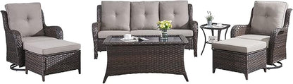 HUMMUH Patio Furniture 7 Pieces Outdoor Furniture Set PE Wicker Patio Couch with Swivel Glider Chairs,Patio Ottomans,Side Table