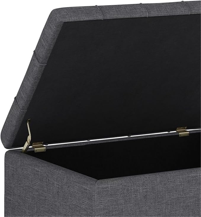SIMPLIHOME Harrison 34 inch Wide Transitional Rectangle Small Coffee Table Storage Ottoman in Slate Grey Linen Look Fabric, Assembled, for the Living Room and Bedroom