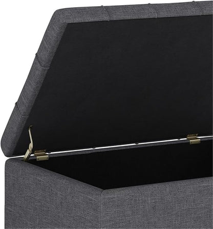 SIMPLIHOME Harrison 34 inch Wide Transitional Rectangle Small Coffee Table Storage Ottoman in Slate Grey Linen Look Fabric, Assembled, for the Living Room and Bedroom