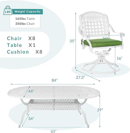 MEETWARM 9-Piece Outdoor Patio Dining Set, All-Weather Cast Aluminum Patio Conversation Set with 8 Cushioned Swivel Rocker Chairs for Backyard Garden Deck, 1 Oval Table, 2" Umbrella Hole, White