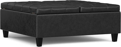 SIMPLIHOME Harrison Large Coffee Table Storage Ottoman - 40 inch Wide Upholstered Vegan Leather Square Lift-Top Ottoman in Distressed Black, Transitional Bench for Living Room with Sturdy Base