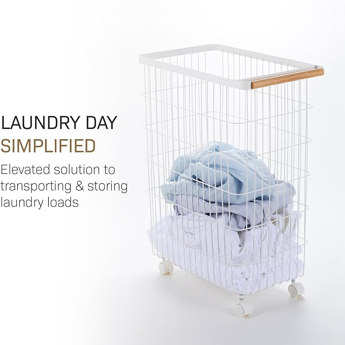 Yamazaki Home Wire Slim Saving Rolling Wheeled Clothing Hamper | Steel + Wood | Laundry Basket, One Size, White