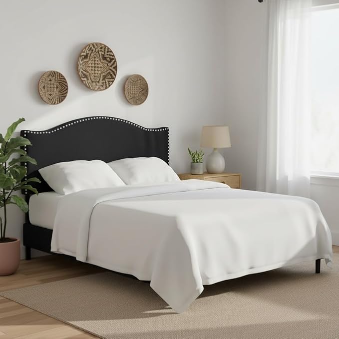 Naomi Home Catalina Queen Headboard – Upholstered Linen Tufted Panel with Nailhead Trim, Adjustable 12 Height Settings, Wall or Bed Frame Mount – Black