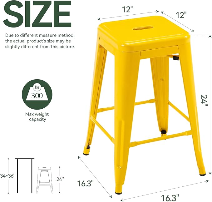 Vogue Furniture Direct 24" High Bar Stools Backless Yellow Metal Barstools Indoor-Outdoor Counter Height Stools with Square Seat, Set of 4 - VF1571019-4