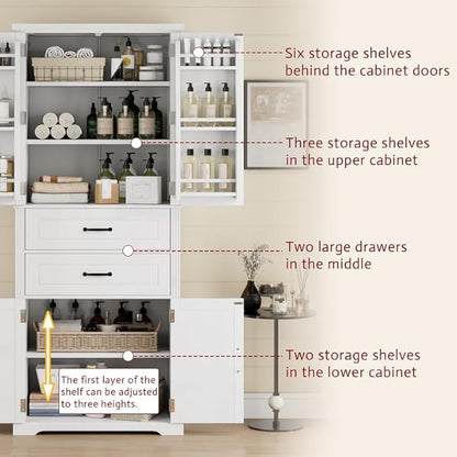 Polibi Elegant Storage Cabinet with Adjustable Shelves - 2 Drawers, 5 Interior Shelves & 6 Small Shelves, for Living Room/Bathroom, White