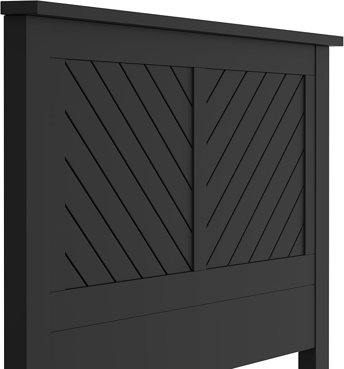 Serene Poplar Wood Full Size Headboard in Black, Modern Farmhouse Panel with Chevron Scoring, Casual Coastal Style, Easy Assembly, Quality Materials