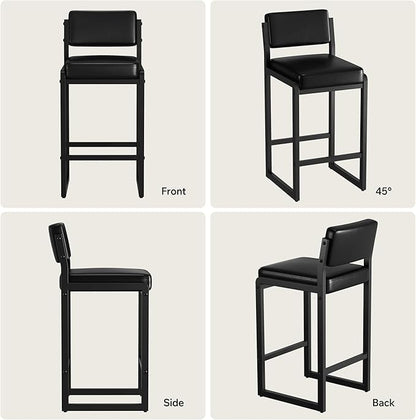 Bar Stools Set of 3, Faux Leather Counter Height Bar Stools with High Back and Metal Legs, Upholstered Bar Chairs, 26" Modern Barstools for Kitchen Island, Black