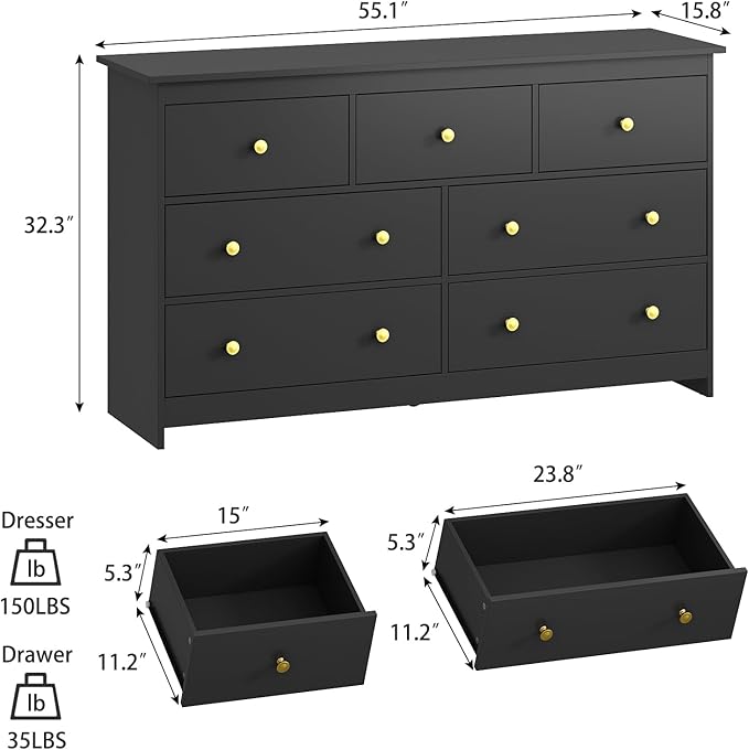 Black Dresser for Bedroom, 7 Drawer Dresser with Metal Handles, 55 Inch Wide Wood Chest for Living Room, Hallway