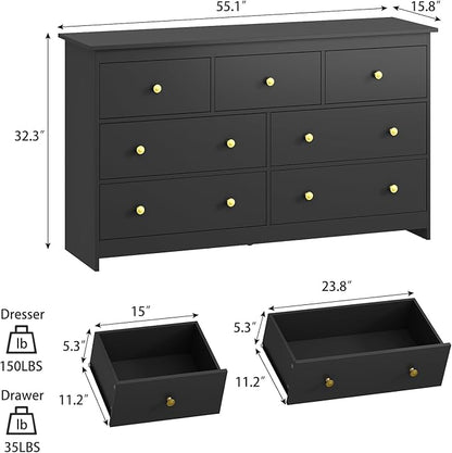 Black Dresser for Bedroom, 7 Drawer Dresser with Metal Handles, 55 Inch Wide Wood Chest for Living Room, Hallway