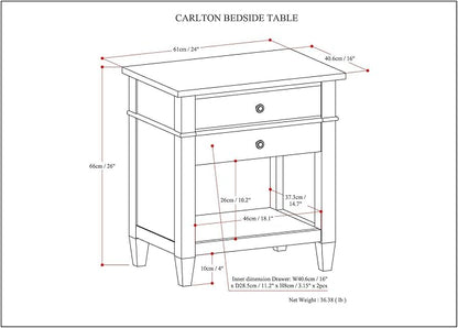 SIMPLIHOME Carlton Bedside Table - 24 inch Wide Solid Wood Nightstand Table in Rustic Natural Aged Brown, Transitional Bedroom Side or End Table with 2 Drawers, Open Storage Shelf and Bronze Hardware