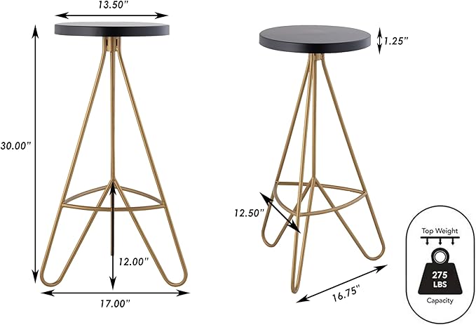 JONATHAN Y BSL1002A Trinity 30" Modern Industiral Iron Tripod Backless Bar Stool for Home, Kitchen, Dining Room, Workspaces, Cafes and Resturants, Black Seat with Gold Frame