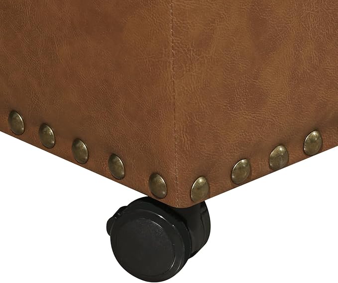 24" Leather Storage Ottoman with Steerable Rolling Wheels, Rectangle Foot Rest Ottoman with Storage for Living Room Bedroom, Vintage Golden Brown