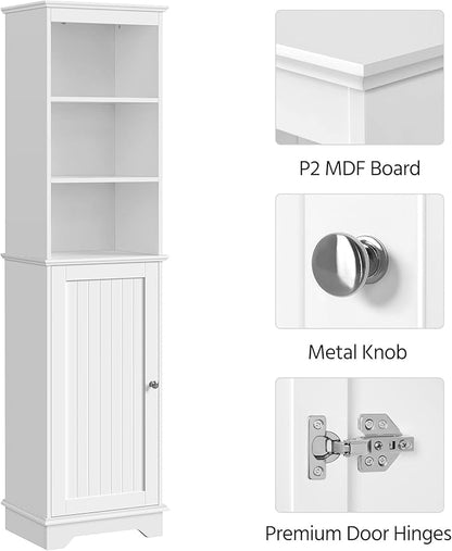 Yaheetech Tall Slim Storage Cabinet with 3 Shelves & Door, Freestanding Linen Cabinet for Bathroom, Living Room, Entryway, 16 x 12 x 60.5 Inches, White