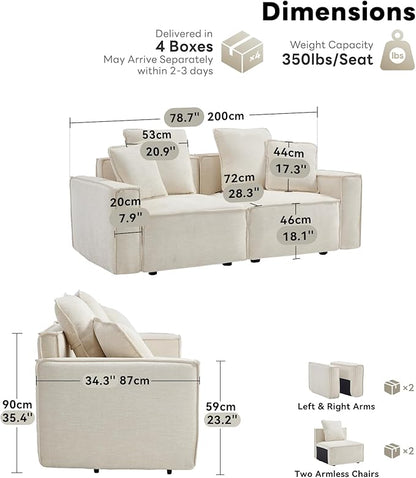 WILLOVE Modular Sectional Sofa Set, Chenille Cloud Couch with Wide Armrests & 8 Pillows, Deep Seat Couches for Living Room, 4-Seater Beige