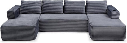 132 Inch Modular Sectional Sleeper Sofa, Boneless Cloud Couch for Living Room, U Shaped 5 Seat Sofa with 2 Cup Holders, Free Combination, No Assembly Required (Grey)