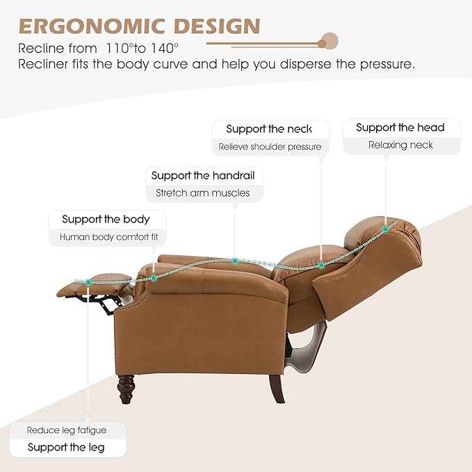 HULALA HOME Genuine Leather Recliner Chair, Traditional Manual Pushback Comfy Seating for Living Room, Thick Cushion & Solid Wood Legs, Wingback Recliner with Nailhead Trim, Camel