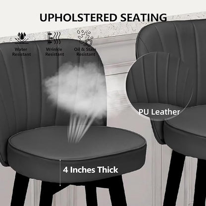 MINCETA Bar Stools Set of 4, PU Leather Barstools, 26 Inch Upholstered Counter Stools with Backrest and Footrest, Swivel Counter Height Barstools for Kitchen Island Home Bar Dark Gray