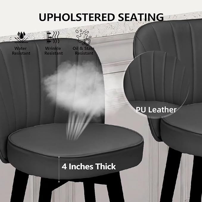MINCETA Bar Stools Set of 2, PU Leather Barstools, 26 Inch Upholstered Counter Stools with Backrest and Footrest, Swivel Counter Height Barstools for Kitchen Island Home Bar Dark Gray
