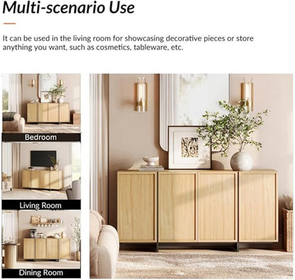 WAMPAT Modern Sideboard Buffet Cabinet with 4 Doors, Multifunctional Sideboard with Large Storage and T-Shaped Legs, Coffee Bar Cabinet Storage Cabinet for Kitchen, Living Room, Oak