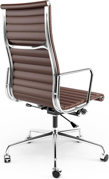 High Back Genuine Leather Ribbed Office Chair-Ergonomic Desk Chair with Aluminum Alloy Armrest & Frame, Swivel Silent Wheels & Tilt Function, Adjustable Height