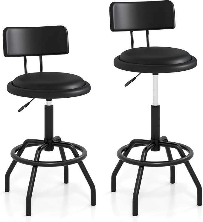 COSTWAY Adjustable Height Bar Stools Set of 2, 360 Degree Swivel, Modern Guitar Stool for High Ergonomic Seating, with PU Leather Cushion, Heavy Duty Steel Frame for Bar, Shop and Music, Garage, Black