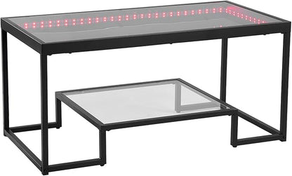 VEVOR Coffee Table, Modern Tempered Glass Coffee Table with Lighting, 2 Tiers Rectangle Glass Center Desk with Open Storage, Minimalist Metal Accent End Desk for Living Room, Office, Easy Assembly