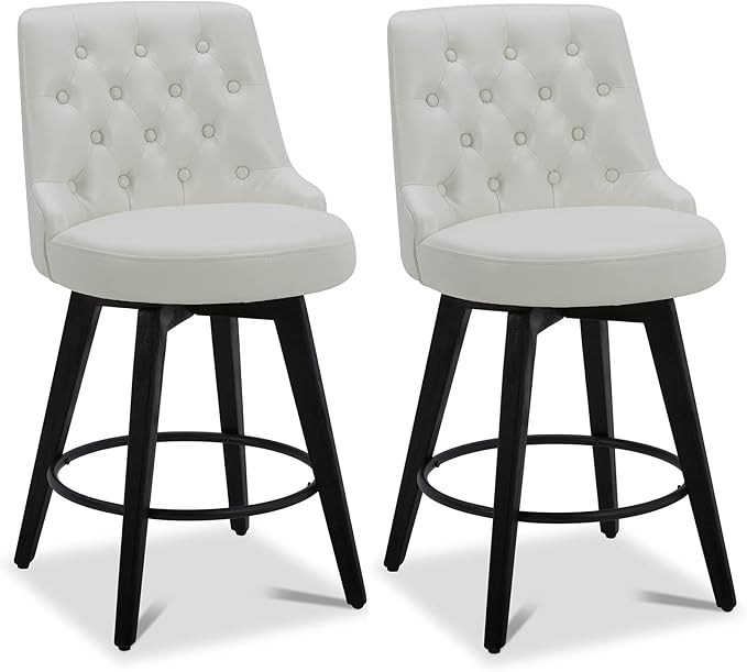 Watson & Whitely Modern Swivel Bar Stools, Faux Leather Upholstered Counter Height Bar Stool with Back, Solid Wood Legs, 26" H Seat, Set of 2, White
